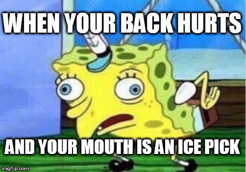 Mocking Spongebob Meme | WHEN YOUR BACK HURTS; AND YOUR MOUTH IS AN ICE PICK | image tagged in memes,mocking spongebob | made w/ Imgflip meme maker