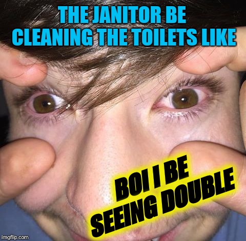 WOLFE DE DOUBLE KING | THE JANITOR BE CLEANING THE TOILETS LIKE; BOI I BE SEEING DOUBLE | image tagged in wolfe de double king | made w/ Imgflip meme maker
