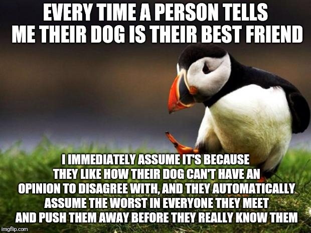 Unpopular Opinion Puffin Meme | EVERY TIME A PERSON TELLS ME THEIR DOG IS THEIR BEST FRIEND; I IMMEDIATELY ASSUME IT'S BECAUSE THEY LIKE HOW THEIR DOG CAN'T HAVE AN OPINION TO DISAGREE WITH, AND THEY AUTOMATICALLY ASSUME THE WORST IN EVERYONE THEY MEET AND PUSH THEM AWAY BEFORE THEY REALLY KNOW THEM | image tagged in memes,unpopular opinion puffin | made w/ Imgflip meme maker