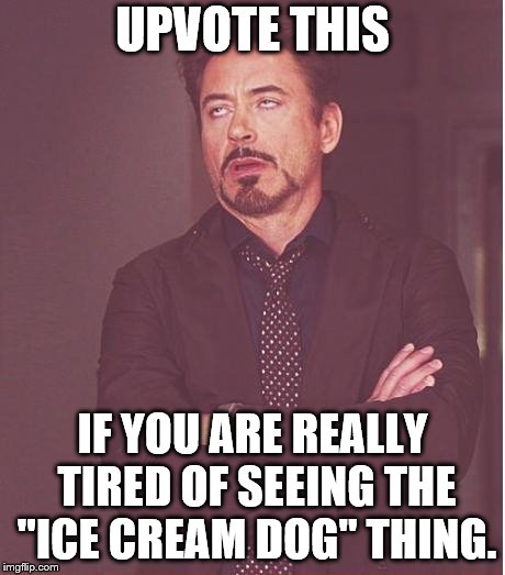 Enough already. | UPVOTE THIS; IF YOU ARE REALLY TIRED OF SEEING THE "ICE CREAM DOG" THING. | image tagged in memes,face you make robert downey jr | made w/ Imgflip meme maker