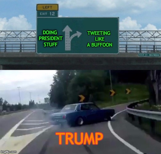 Left Exit 12 Off Ramp Meme | TWEETING LIKE A BUFFOON; DOING PRESIDENT STUFF; TRUMP | image tagged in memes,left exit 12 off ramp | made w/ Imgflip meme maker