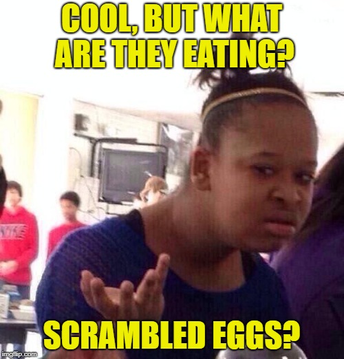 Black Girl Wat Meme | COOL, BUT WHAT ARE THEY EATING? SCRAMBLED EGGS? | image tagged in memes,black girl wat | made w/ Imgflip meme maker