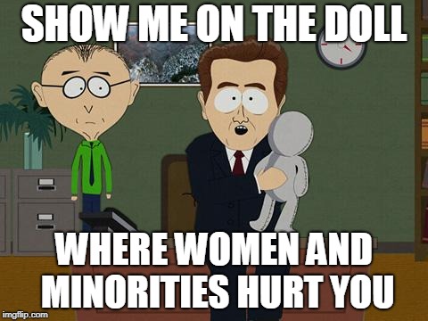 Show me on this doll | SHOW ME ON THE DOLL WHERE WOMEN AND MINORITIES HURT YOU | image tagged in show me on this doll | made w/ Imgflip meme maker
