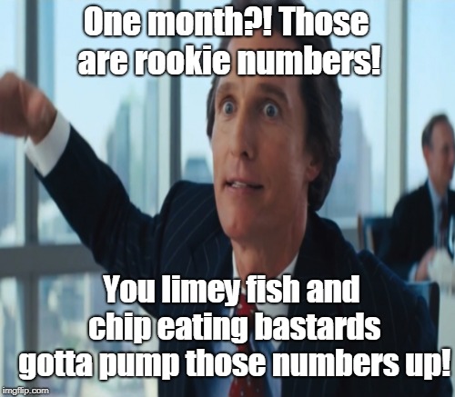 One month?! Those are rookie numbers! You limey fish and chip eating bastards gotta pump those numbers up! | made w/ Imgflip meme maker