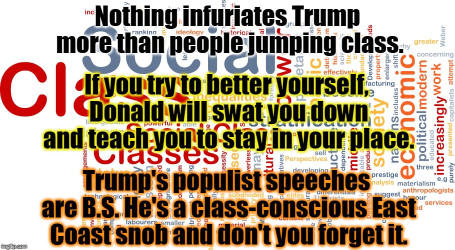 Trump is comfortable in his head that he's better than you. A lot of that racist immigration cr*p is also class snobbery. | Nothing infuriates Trump more than people jumping class. If you try to better yourself, Donald will swat you down and teach you to stay in your place. Trump's populist speeches are B.S. He's a class-conscious East Coast snob and don't you forget it. | image tagged in trump,class,place,populist,snob,class-conscious | made w/ Imgflip meme maker