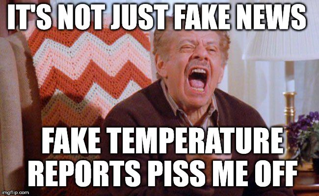 fake news | IT'S NOT JUST FAKE NEWS; FAKE TEMPERATURE REPORTS PISS ME OFF | image tagged in fake news,fake,weatherman,temperature | made w/ Imgflip meme maker