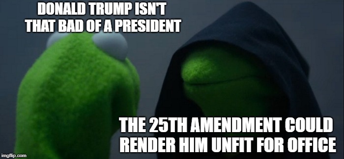 Evil Kermit Meme | DONALD TRUMP ISN'T THAT BAD OF A PRESIDENT; THE 25TH AMENDMENT COULD RENDER HIM UNFIT FOR OFFICE | image tagged in memes,evil kermit | made w/ Imgflip meme maker