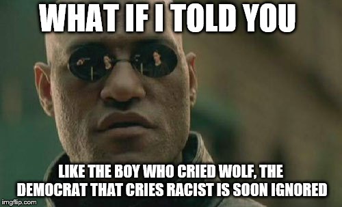 Matrix Morpheus | WHAT IF I TOLD YOU; LIKE THE BOY WHO CRIED WOLF, THE DEMOCRAT THAT CRIES RACIST IS SOON IGNORED | image tagged in memes,matrix morpheus | made w/ Imgflip meme maker