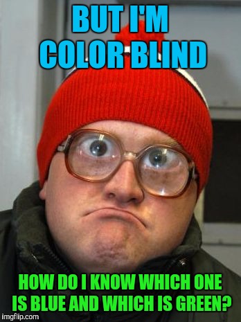 blind duh | BUT I'M COLOR BLIND HOW DO I KNOW WHICH ONE IS BLUE AND WHICH IS GREEN? | image tagged in blind duh | made w/ Imgflip meme maker