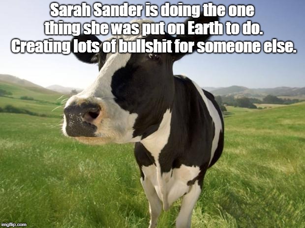 cow | Sarah Sander is doing the one thing she was put on Earth to do. Creating lots of bullshit for someone else. | image tagged in cow | made w/ Imgflip meme maker