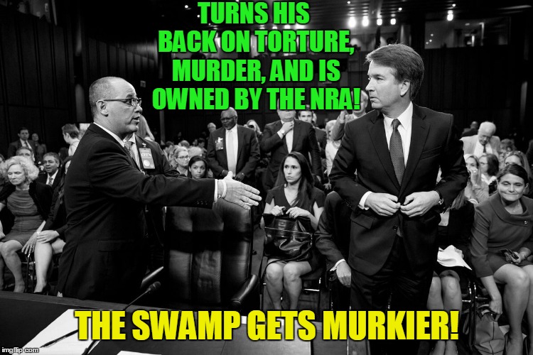 Brett Kavanaugh! Trump's Ace?  | TURNS HIS BACK ON TORTURE, MURDER, AND IS OWNED BY THE NRA! THE SWAMP GETS MURKIER! | image tagged in brett kavanaugh,donald trump,trump russia collusion,drain the swamp trump | made w/ Imgflip meme maker