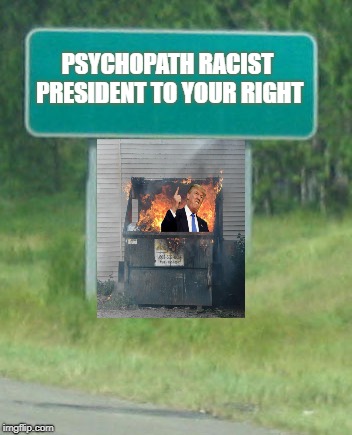 burning trash Trump | PSYCHOPATH RACIST PRESIDENT TO YOUR RIGHT | image tagged in green road sign blank,funny | made w/ Imgflip meme maker