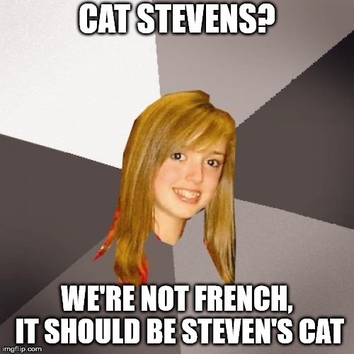 Musically Oblivious 8th Grader Meme | CAT STEVENS? WE'RE NOT FRENCH, IT SHOULD BE STEVEN'S CAT | image tagged in memes,musically oblivious 8th grader | made w/ Imgflip meme maker