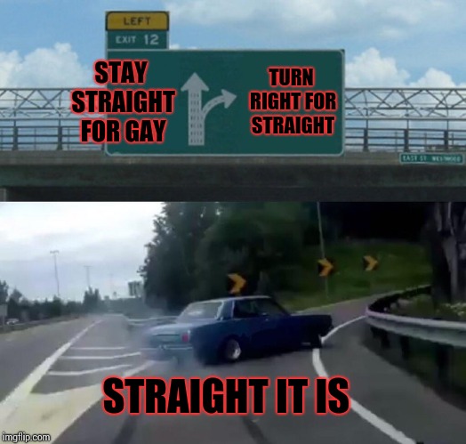Straight gay | STAY STRAIGHT FOR GAY; TURN RIGHT FOR STRAIGHT; STRAIGHT IT IS | image tagged in memes,left exit 12 off ramp | made w/ Imgflip meme maker