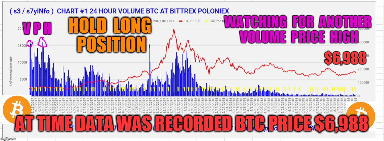 V P H; WATCHING  FOR  ANOTHER  VOLUME  PRICE  HIGH; HOLD  LONG  POSITION; $6,988; AT TIME DATA WAS RECORDED BTC PRICE $6,988 | made w/ Imgflip meme maker