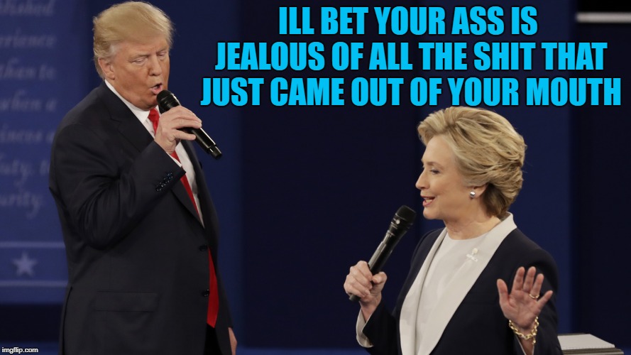 which one?  | ILL BET YOUR ASS IS JEALOUS OF ALL THE SHIT THAT JUST CAME OUT OF YOUR MOUTH | image tagged in trump,hillary | made w/ Imgflip meme maker