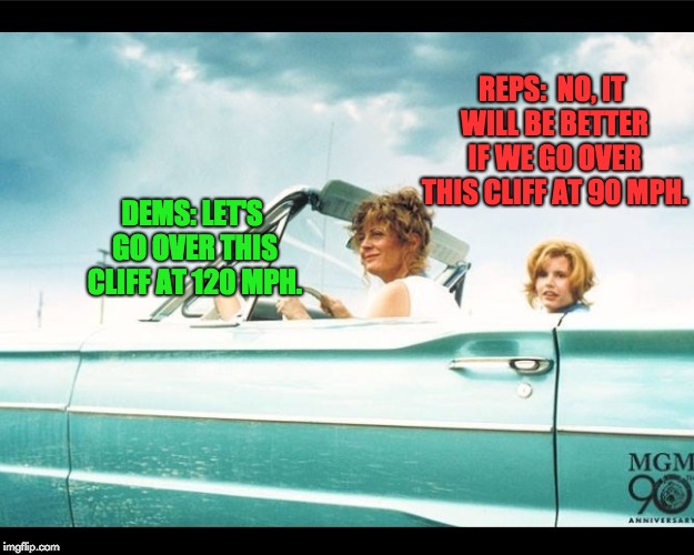 Maybe what we need is to go in a totally different direction. | REPS:  NO, IT WILL BE BETTER IF WE GO OVER THIS CLIFF AT 90 MPH. DEMS: LET'S GO OVER THIS CLIFF AT 120 MPH. | image tagged in thelma and louise | made w/ Imgflip meme maker