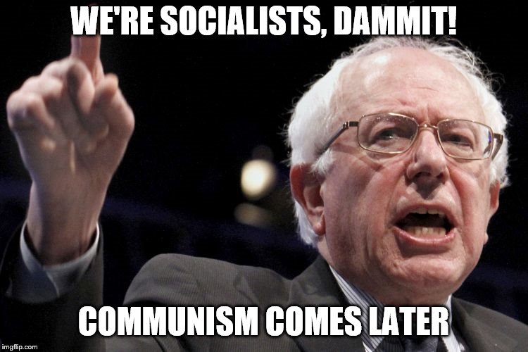 Bernie Sanders | WE'RE SOCIALISTS, DAMMIT! COMMUNISM COMES LATER | image tagged in bernie sanders | made w/ Imgflip meme maker