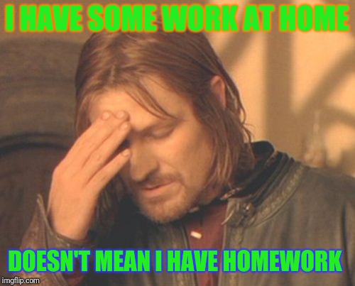 Frustrated Boromir Meme | I HAVE SOME WORK AT HOME; DOESN'T MEAN I HAVE HOMEWORK | image tagged in memes,frustrated boromir | made w/ Imgflip meme maker