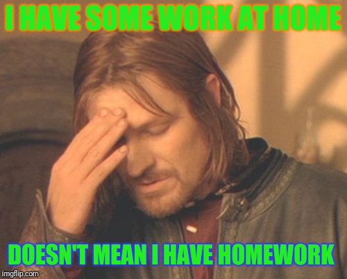 Frustrated Boromir | I HAVE SOME WORK AT HOME; DOESN'T MEAN I HAVE HOMEWORK | image tagged in memes,frustrated boromir | made w/ Imgflip meme maker