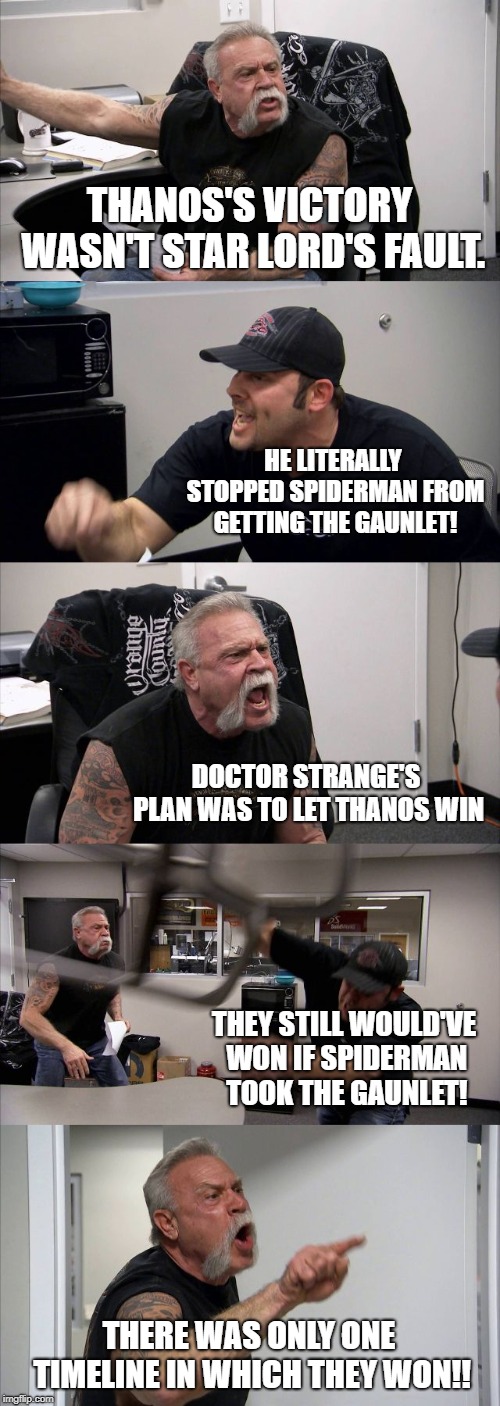 It wasn't Crisp Rat's fault | THANOS'S VICTORY WASN'T STAR LORD'S FAULT. HE LITERALLY STOPPED SPIDERMAN FROM GETTING THE GAUNLET! DOCTOR STRANGE'S PLAN WAS TO LET THANOS WIN; THEY STILL WOULD'VE WON IF SPIDERMAN TOOK THE GAUNLET! THERE WAS ONLY ONE TIMELINE IN WHICH THEY WON!! | image tagged in memes,american chopper argument,funny,avengers infinity war | made w/ Imgflip meme maker