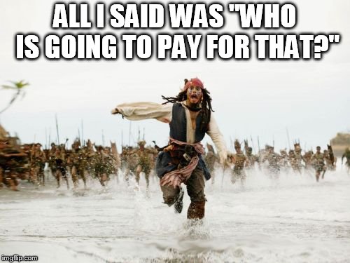 Jack Sparrow Being Chased Meme | ALL I SAID WAS "WHO IS GOING TO PAY FOR THAT?" | image tagged in memes,jack sparrow being chased | made w/ Imgflip meme maker