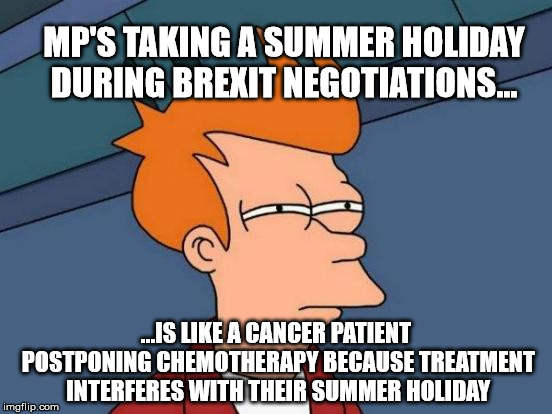 Futurama Fry | MP'S TAKING A SUMMER HOLIDAY DURING BREXIT NEGOTIATIONS... ...IS LIKE A CANCER PATIENT POSTPONING CHEMOTHERAPY BECAUSE TREATMENT INTERFERES WITH THEIR SUMMER HOLIDAY | image tagged in memes,futurama fry | made w/ Imgflip meme maker