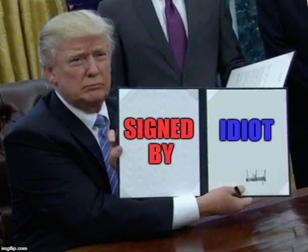 Trump Bill Signing | SIGNED BY; IDIOT | image tagged in memes,trump bill signing | made w/ Imgflip meme maker