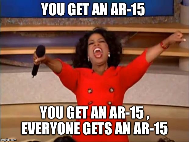 Oprah You Get A | YOU GET AN AR-15; YOU GET AN AR-15 , EVERYONE GETS AN AR-15 | image tagged in memes,oprah you get a | made w/ Imgflip meme maker