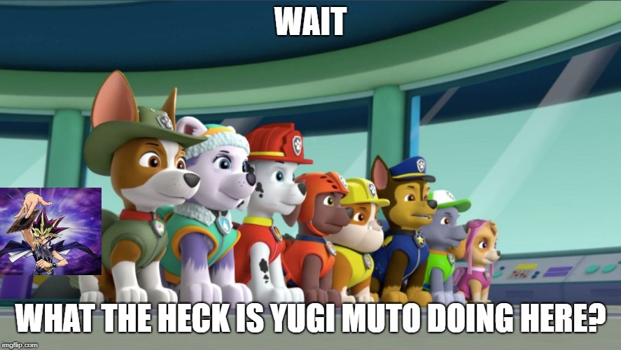 It's Time to Duel | WAIT; WHAT THE HECK IS YUGI MUTO DOING HERE? | image tagged in all 8 paw patrol pups at the lookout | made w/ Imgflip meme maker