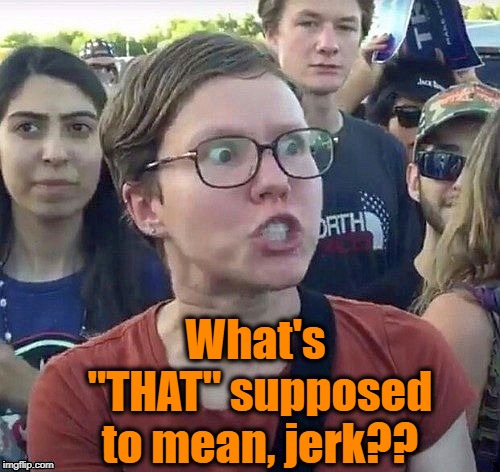 foggy | What's "THAT" supposed to mean, jerk?? | image tagged in triggered feminist | made w/ Imgflip meme maker