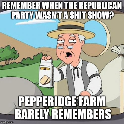 Pepperidge Farm Remembers | REMEMBER WHEN THE REPUBLICAN PARTY WASN’T A SHIT SHOW? PEPPERIDGE FARM BARELY REMEMBERS | image tagged in memes,pepperidge farm remembers | made w/ Imgflip meme maker