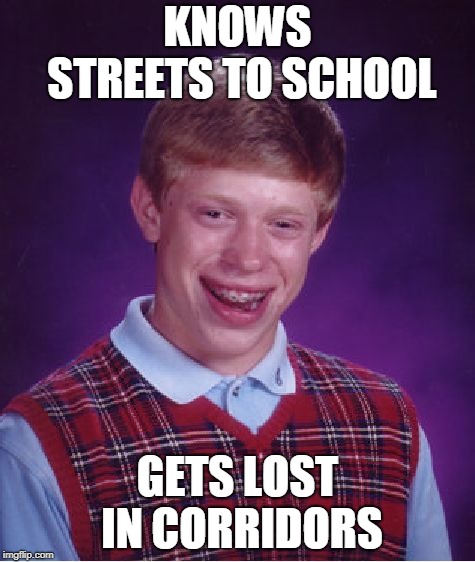 Bad Luck Brian Meme | KNOWS STREETS TO SCHOOL; GETS LOST IN CORRIDORS | image tagged in memes,bad luck brian | made w/ Imgflip meme maker