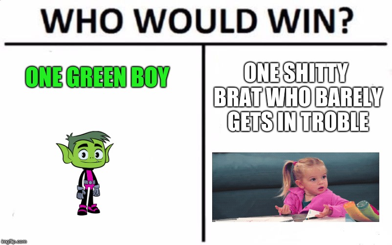 Who Would Win? | ONE SHITTY BRAT WHO BARELY GETS IN TROBLE; ONE GREEN BOY | image tagged in memes,who would win,scumbag | made w/ Imgflip meme maker