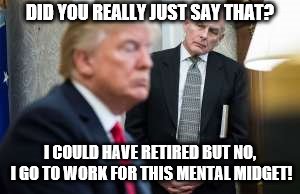 Trump has a revolving door policy at the White House. Whose next? | DID YOU REALLY JUST SAY THAT? I COULD HAVE RETIRED BUT NO, I GO TO WORK FOR THIS MENTAL MIDGET! | image tagged in memes,political memes,donald trump is an idiot,dump trump | made w/ Imgflip meme maker