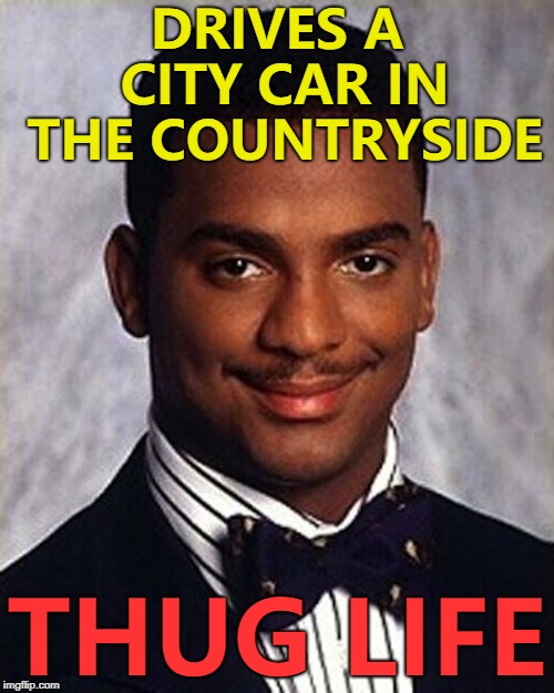 It might just be an urban myth... :) | DRIVES A CITY CAR IN THE COUNTRYSIDE; THUG LIFE | image tagged in carlton banks thug life,memes,cars | made w/ Imgflip meme maker