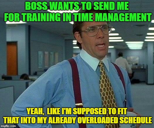 What is time anyway? | BOSS WANTS TO SEND ME FOR TRAINING IN TIME MANAGEMENT; YEAH,  LIKE I'M SUPPOSED TO FIT THAT INTO MY ALREADY OVERLOADED SCHEDULE | image tagged in memes,that would be great,time,funny | made w/ Imgflip meme maker