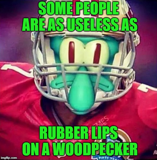 Couldn't think of any thing else to say | SOME PEOPLE ARE AS USELESS AS; RUBBER LIPS ON A WOODPECKER | image tagged in memes,funny,squidward | made w/ Imgflip meme maker