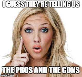 Dumb blonde | I GUESS THEY'RE TELLING US THE PROS AND THE CONS | image tagged in dumb blonde | made w/ Imgflip meme maker