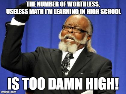 Too Damn High Meme | THE NUMBER OF WORTHLESS, USELESS MATH I'M LEARNING IN HIGH SCHOOL; IS TOO DAMN HIGH! | image tagged in memes,too damn high | made w/ Imgflip meme maker