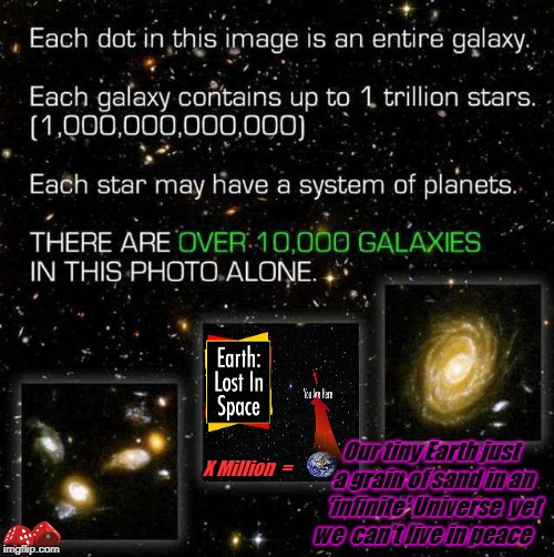 X Million 
=; Our tiny Earth just a grain of sand in an 'infinite' Universe  yet we  can't live in peace | image tagged in earth | made w/ Imgflip meme maker