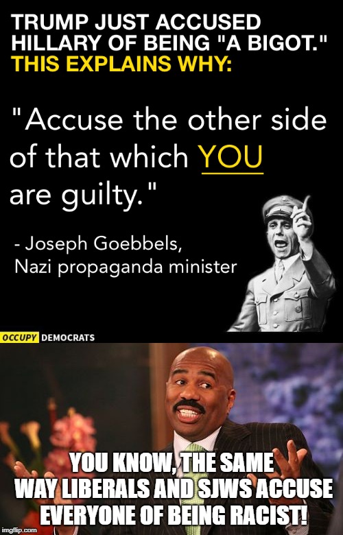 Roasting Occupy Democrats again! | YOU KNOW, THE SAME WAY LIBERALS AND SJWS ACCUSE EVERYONE OF BEING RACIST! | image tagged in memes,funny,politics,steve harvey,nazis,occupy democrats | made w/ Imgflip meme maker
