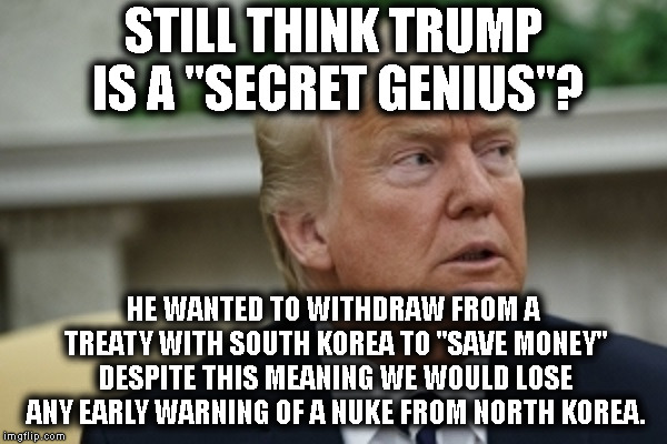 It was stopped when one of his own aides hid the paperwork. | STILL THINK TRUMP IS A "SECRET GENIUS"? HE WANTED TO WITHDRAW FROM A TREATY WITH SOUTH KOREA TO "SAVE MONEY" DESPITE THIS MEANING WE WOULD LOSE ANY EARLY WARNING OF A NUKE FROM NORTH KOREA. | image tagged in donald trump,korea,nukes,traitor,moron,politics | made w/ Imgflip meme maker