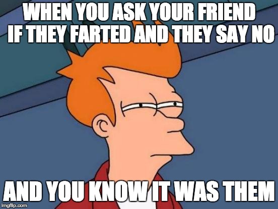 Futurama Fry | WHEN YOU ASK YOUR FRIEND IF THEY FARTED AND THEY SAY NO; AND YOU KNOW IT WAS THEM | image tagged in memes,futurama fry | made w/ Imgflip meme maker