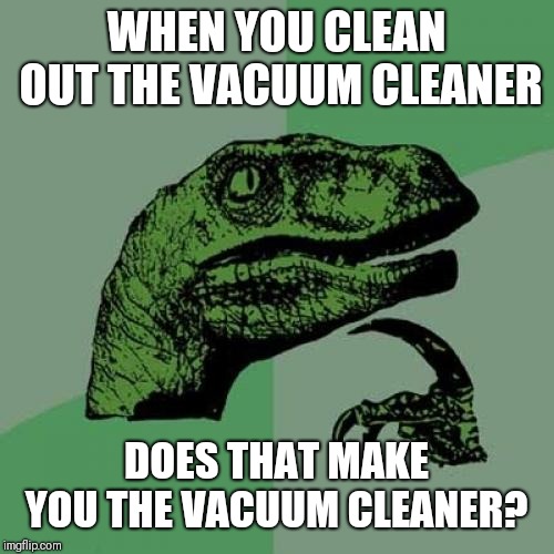 Philosoraptor Meme | WHEN YOU CLEAN OUT THE VACUUM CLEANER; DOES THAT MAKE YOU THE VACUUM CLEANER? | image tagged in memes,philosoraptor | made w/ Imgflip meme maker