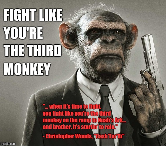 Fight like you're the third monkey | FIGHT LIKE; YOU'RE; THE THIRD; MONKEY; "... when it's time to fight, you fight like you're the third monkey on the ramp to Noah's Ark… and brother, it's startin' to rain."; - Christopher Woods, "Rash'Tor'Ri" | image tagged in self defense | made w/ Imgflip meme maker