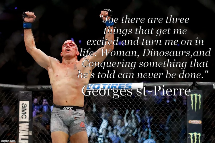 WHAT IS BEST IN LIFE GSP | "Joe there are three things that get me excited and turn me on in life: Woman, Dinosaurs,and Conquering something that he's told can never be done."; Georges st-Pierre | image tagged in mma,dinosaur,funny,quotes | made w/ Imgflip meme maker