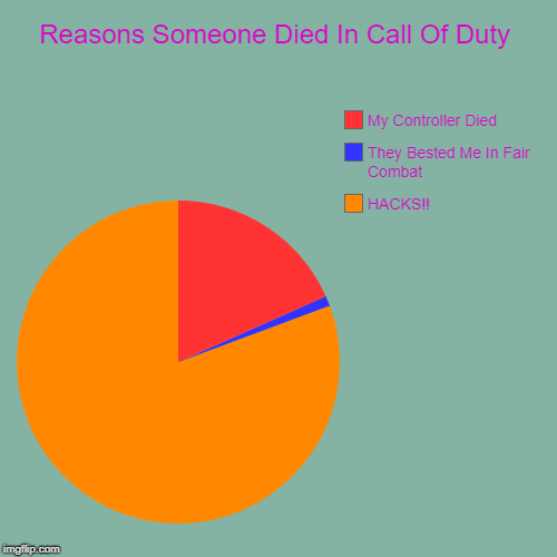 Reasons Someone Died In Call Of Duty | HACKS!!, They Bested Me In Fair Combat, My Controller Died | image tagged in funny,pie charts | made w/ Imgflip chart maker