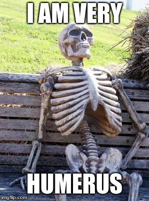 Waiting Skeleton Meme | I AM VERY; HUMERUS | image tagged in memes,waiting skeleton | made w/ Imgflip meme maker