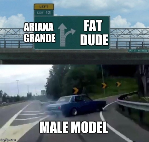 Left Exit 12 Off Ramp Meme | ARIANA GRANDE; FAT DUDE; MALE MODEL | image tagged in memes,left exit 12 off ramp | made w/ Imgflip meme maker